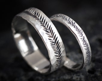 Single Band or SET of 2 925 Silver Rustic Band Rings. Rustic Organic Alternative Unique Textured Hammered Feather Rebel Silver Wedding Band