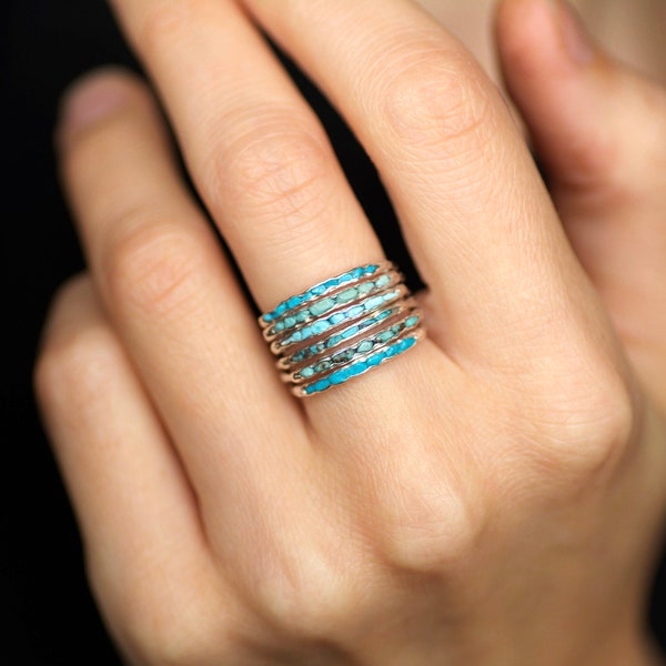 Enkele turquoise ring of set van 6 rauwe turquoise ringen. Alternatieve unieke rauwe ruwe ongesneden Arizona Sleeping Beauty Turquoise trouwring ring