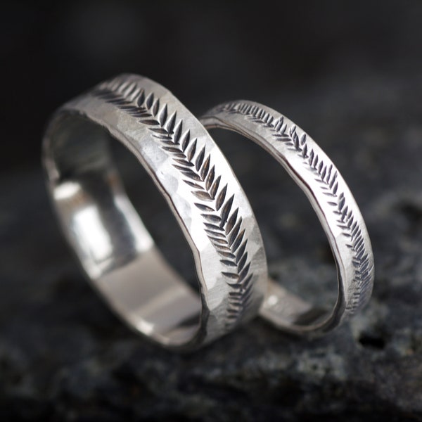 Single Band or SET of 2 925 Silver Rustic Band Rings. Rustic Organic Alternative Unique Textured Hammered Feather Rebel Silver Wedding Band