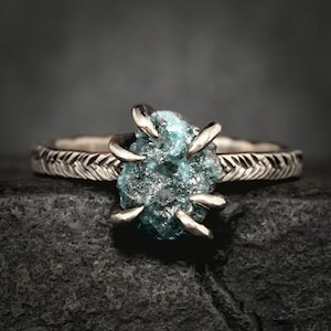 Rustic Raw Blue Diamond Ring. White Gold Organic Rustic Unique Alternative Raw Rough Uncut Natural Blue Diamond Gemstone Engagement Ring