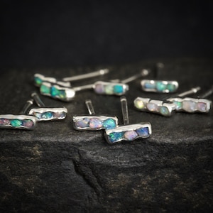 RTS Silver Opal Studs. Raw Rough Uncut Unique 3 Stone Australian Opal Bar Rectangular Stud Earrings. Gift for Her. Raw Opal Studs