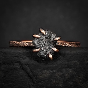 Black Diamond Engagement Ring. Organic Rustic Alternative Unique Hammered Raw Rough Uncut Earth Mined Black Diamond Engagement Ring