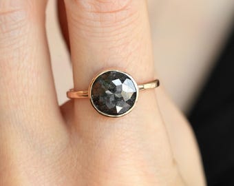 14k Rose Gold Round Galaxy Diamond Ring. Rustic Shiny Rose Gold Bezel Set Huge Salt and Pepper Diamond Engagement Statement Ring