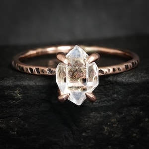 Herkimer Diamond Ring. Rustic Organic Alternative Unique Textured Band 4 Prong Set Large Natural Herkimer Diamond Crystal Engagement Ring