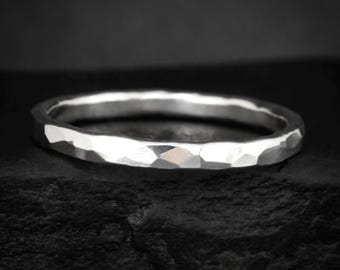 2mm Hammer Textured Band Ring. Alternative Rustic Organic Unique Hammered Textured Yellow Rose White Gold Silver Wedding Band Ring. Style #1