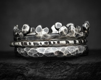 Rustic Silver Stacking Ring Set. Solid Black Silver Textured Hammered Everyday Stackable Rings