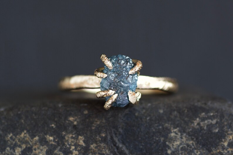 Raw Blue Diamond Ring. Rustic Organic Alternative Unique Raw Rough Uncut Blue Prong Set Natural Diamond Gemstone Engagement Statement Ring 14k Yellow Gold