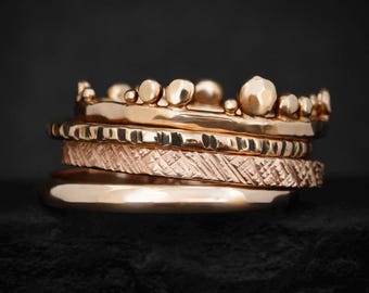 Solid Rose Gold Ring Stack. Minimalist Solid Gold and Silver Textured Everyday Stacking Bands for Women