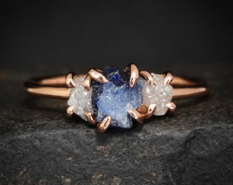 Sapphire and Diamond Ring. Natural Unique Uncut Rough Blue Sapphire and Raw White Diamond Prong Set Three Stone Rose Gold Engagement Ring