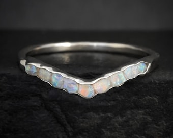 Raw Australian Opal Wave Ring. Solid Rose Gold Unique Alternative Rustic Natural Uncut Bezel Set Australian Opal Wedding Staking Band