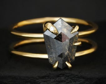 Black Hexagon Shield Diamond Ring. Rustic Hexagon Shape Black Salt and Pepper Galaxy Diamond Double Band Engagement Ring