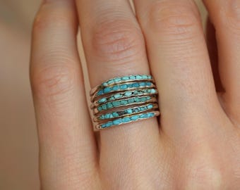 Set of 6 Silver Turquoise Band Rings. Uncut Blue and Green Genuine Turquoise Rustic Alternative Designer Wedding Jewelry. Something Blue