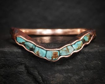 Rustic Rose Gold Turquoise Ring. Solid Gold or Silver Uncut Raw Genuine Turquoise Stacking Wave Band Ring