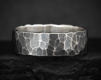 Black Silver Statement Band Ring. Rustic Organic Unique Hammered Textured Wide Yellow Rose White Gold Wedding Band Ring. Style #1