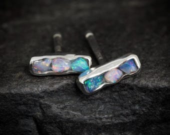 Raw Australian Opal Bar Studs. Tiny Solid Sterling Silver or Gold Uncut Genuine 3 Stone Australian Opal Rectangular Everyday Stud Earrings