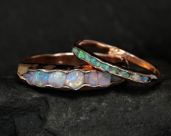 Raw Opal Wedding Ring Set. Opal Ring Set. Wide and Slim Raw Opal Band Ring Set. Set of 2 Opal Rings. Raw Uncut Australian Opal Ring Set