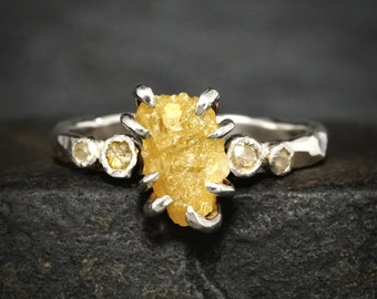 READY to SHIP in US size 5. Raw Yellow Diamond Eternal Love Ring. Rustic Unique Silver and Yellow Diamond Sunshine Engagement Gift Ring