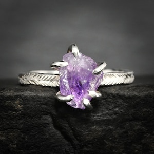 Raw Amethyst Ring. Unique Rustic Organic Alternative Raw Rough Uncut 6 Prong Set Rebel Feather Purple Amethyst Crystal Engagement Ring