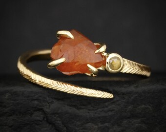 Raw Orange Garnet Ring. Adjustable Uncut Spessartite Garnet and Yellow Diamond Horseshoe Nail Engagement Statement Ring