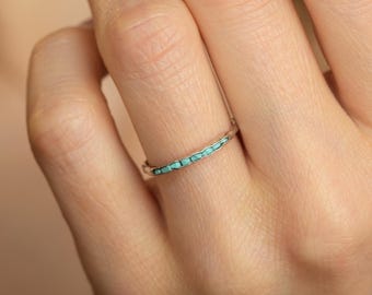 Dainty Raw Blue Turquoise Band. Rustic Solid Silver or Gold Uncut Hand Shaped Light Greenish Blue Turquoise Everyday Stacking Ring