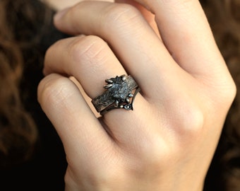 Black Diamond Ring Set. SET of 2 Rustic Raw Black Diamond Rings. Black Diamond Wedding Ring Set. Unique Black Diamond Ring Set. Gift for Her