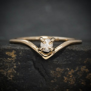 White Diamond Ring. Alternative Unique Raw Rough Uncut 4 Prong Natural White Diamond Engagement Statement Wave Chevron Nesting Ring