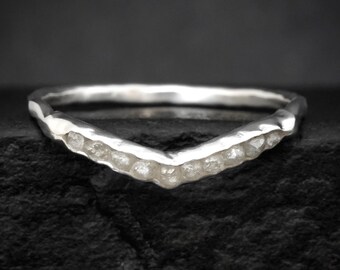 Raw White Diamond Wave Ring. Rustic Organic Unique Alternative Raw Rough Uncut Wave Chevron Nesting White Natural Diamond Wedding Ring