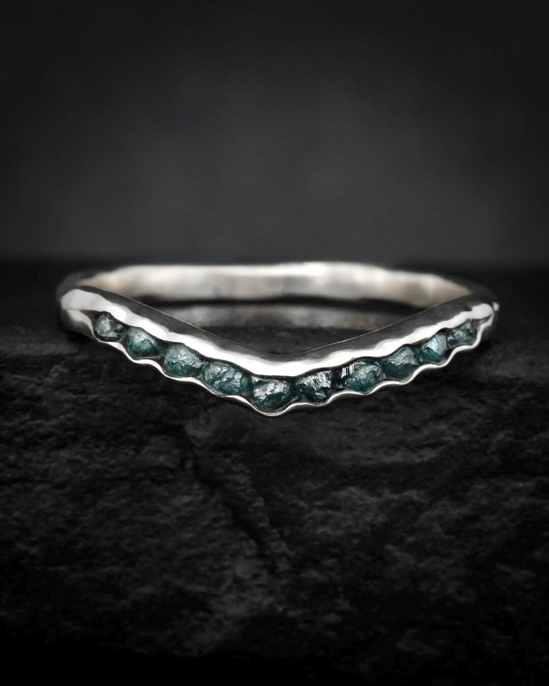 Raw Blue Diamond Wave Ring. Rustic Solid Gold or Silver Bezel Tension ...