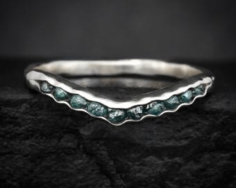 Raw Blue Diamond Wave Ring. Rustic Solid Gold or Silver Bezel Tension Set Wrap Style Uncut Gemstone Alternative Wedding Chevron Band