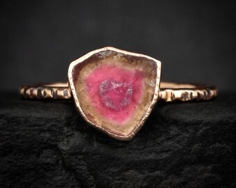 Watermelon Tourmaline Slice Ring. Rustic Solid Gold or Silver Natural Pink and Green Tourmaline Statement October Birthstone Ring