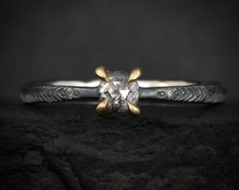 Round Galaxy Diamond Ring. Rustic Solid Black Silver Band and Yellow Gold Prong Set Rose Cut Salt and Pepper Diamond Engagement Ring