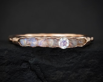 THE ONE. Raw Moonstone Ring. Rustic Solid Gold or Silver Uncut Natural Rainbow Moosntone Alternative Stacking Wedding Milestone Band