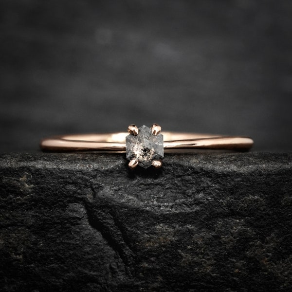 Black Diamond Engagement Ring. Rose Gold Unique Alternative Delicate Hexagon Natural Salt and Pepper Galaxy Diamond Engagement Ring