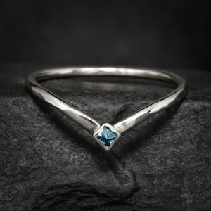 Blue Diamond Chevron Ring. Rose Gold Rustic Organic Unique Alternative Square Cube Blue Diamond Chevron Wave Nesting Wedding Band Ring