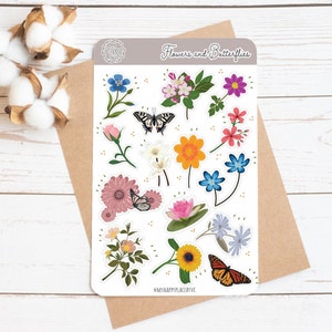 Flowers and Butterflies Sticker Sheet. Stickers for Bullet Journal, Planners and Scrapbooking. College Planner || HO908