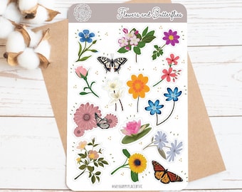 Blumen und Schmetterlinge Sticker Bogen. Sticker für Bullet Journal, Planer und Scrapbooking. College Planer || HO908