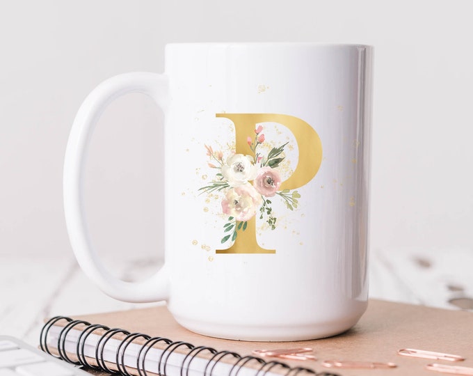Personalized Gold Floral Initial Coffee Mug | Personalized Gifts for Women & Girls | Personalized Mug | Monogram Gifts | 11oz Mug | 15oz Mug