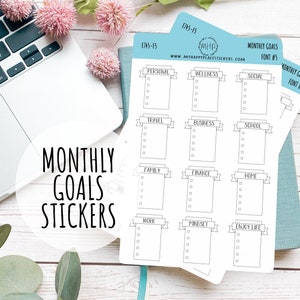 May include: A set of 12 monthly goal stickers with a banner design. Each sticker has a category title, such as "Personal", "Wellness", "Travel", "Business", "School", "Family", "Finance", "Home", "Work", "Mindset", and "Enjoy Life". The stickers are printed on white paper and have a black outline.