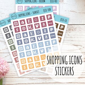May include: A set of colorful shopping icon stickers with various logos, including Amazon, eBay, Etsy, PayPal, and Target. The stickers are arranged in rows and columns on a white wooden surface. The text "SHOPPING ICONS STICKERS" is printed in black on a white background.