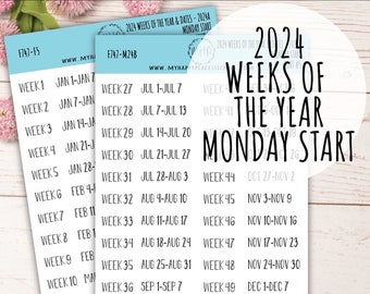 2024 Weeks of the Year Stickers MONDAY START for Planners and  Bullet Journals || F727