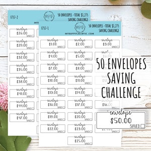50 Envelope Stickers for Savings Challenge (Total Savings 1,275.00). Stickers for Planners, Saving Envelopes, and Bullet Journals || F757