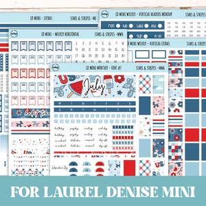 Sticker juillet pour agendas horizontaux et verticaux Laurel Denise MINI.  « Stars and Stripes » || MSAS