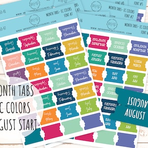 Maandtabstickers voor planners. EG-KLEUREN. Augustus begin. Tabbladen voor planners. Maandstickers || F753