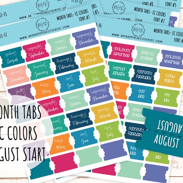 Month Tab Stickers for Planners. EC COLORS. August Start. Tabs for Planners. Month Stickers || F753