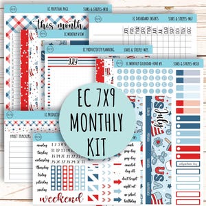 Kit mensual de pegatinas de julio para agendas Erin Condren de 7x9. "ESTRELLAS Y RAYAS" // S&S-M