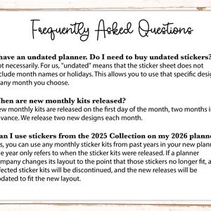 a list of frequently asked questions about the use of stickers in a planner, including information about the availability of stickers from the previous year and the possibility of using sticker kits from the previous year.