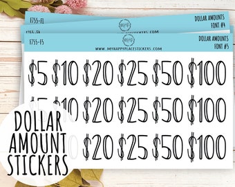 Dollar Amount Stickers. 5, 10, 20, 25, 50 & 100 Dollar Stickers. Saving and Budget Stickers|| F755