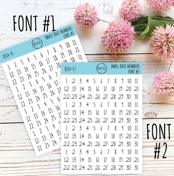 Small Date Number Stickers for Planners, Organizers and Bullet Journals.  Undated Planners. 8 Fonts to Choose From Q114 