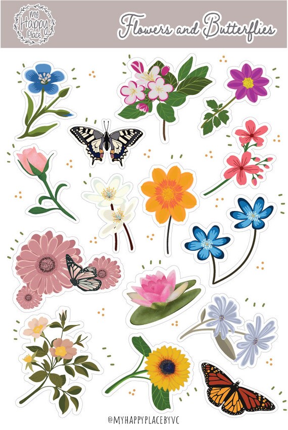 Stickers Papillons Fleurs 24 Stickers Papillons Et Fleurs - Autocollants Mat 4-5 Cm - Pour Scrapbooking, Carnet, Décoration Plaque 24 Stickers