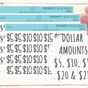 May include: A set of four sticker sheets with different fonts for dollar amounts. The sticker sheets are labeled with the font number and the website address. The sticker sheets include the dollar amounts $5, $10, $15, $20, and $25.